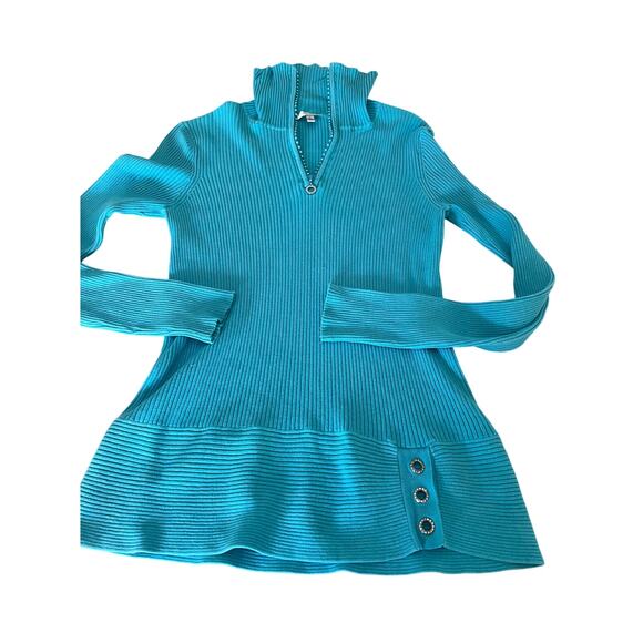 Cache- Cyan Blue Ribbed Knit Pullover Sweater Rhinestones Size Large - Picture 4 of 9